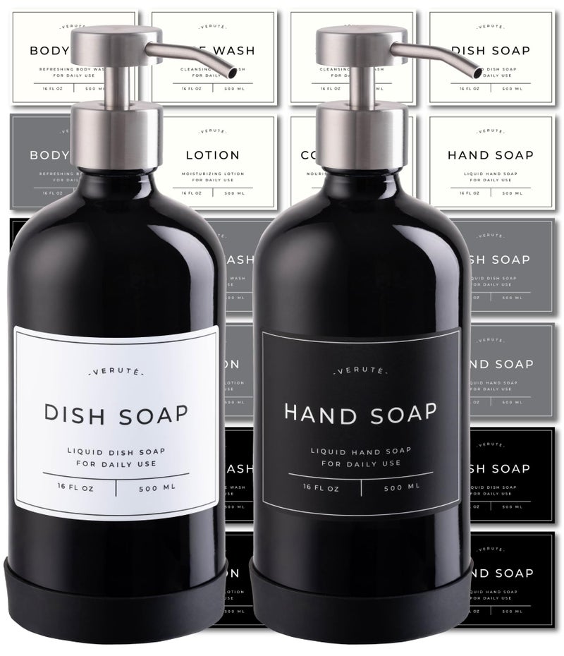 Hand and Dish Soap Dispenser for Kitchen and Bathroom Set of 2 16 Oz Glass Bottles Stainless Steel Pumps NonSlip Silicone Base 27 Waterproof Labels Gloss Black BottleBrushed Silver Pump