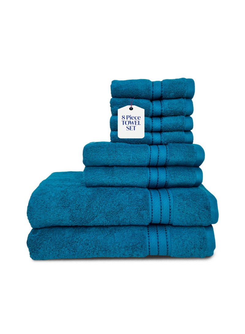 كاسينو Kassino 8 Piece Towels Set - 100% Combed Cotton Includes 2 Bath, 2 Hand & 4 Face Towels, Soft & Quick-Dry, Highly Absorbent, Double Stitched Hotel Towels Quality | Petrol  - Image 1