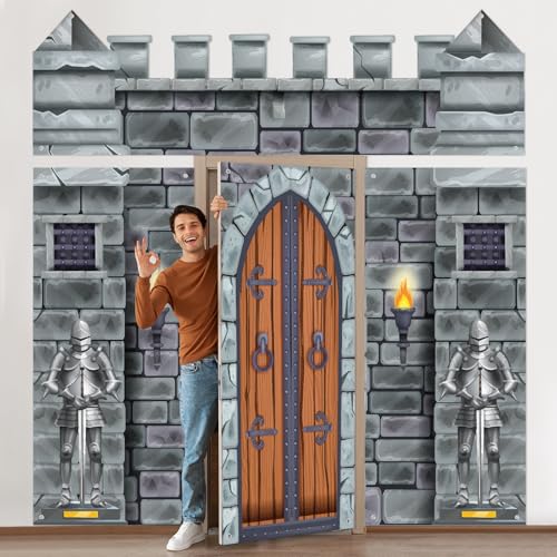 VitalCozy 4 Pcs Castle Decorations 65 x 3 ft Medieval Party Castle Backdrop Door Medieval Door Covers Themed Party Supplies Wall Halloween Decor Entrance Decoration - Image 1