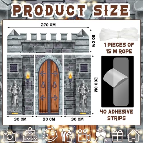 VitalCozy 4 Pcs Castle Decorations 65 x 3 ft Medieval Party Castle Backdrop Door Medieval Door Covers Themed Party Supplies Wall Halloween Decor Entrance Decoration - Image 3
