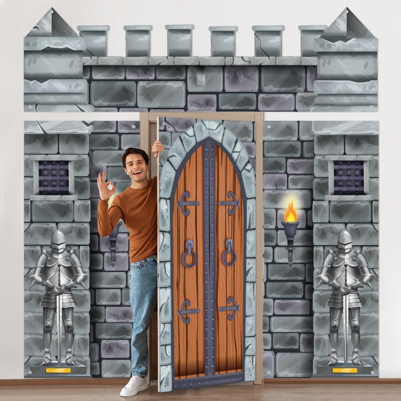 VitalCozy 4 Pcs Castle Decorations 65 x 3 ft Medieval Party Castle Backdrop Door Medieval Door Covers Themed Party Supplies Wall Halloween Decor Entrance Decoration - Image 2