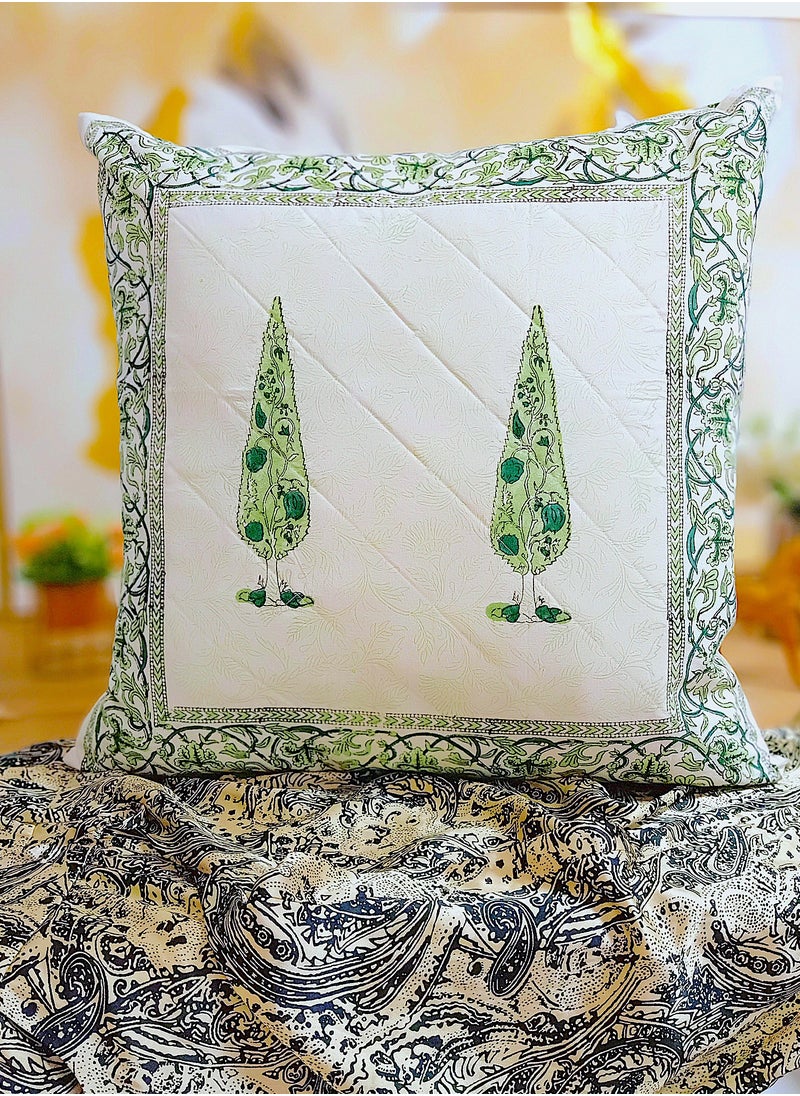 OJARIYA Lemon Goldcrest Hand Block Printed Non Allergenic Organic Cotton Quilted Cushion Cover 65 Cm X 65 Cm  - Image 1