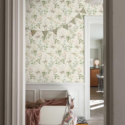 Simon&Siff Vintage Wallpaper Peel and Stick Beige Floral Contact Paper Wildflowers Botanical Wall Paper Removable Renter Friendly Wallpaper 17.3" x 1200" - Image 5