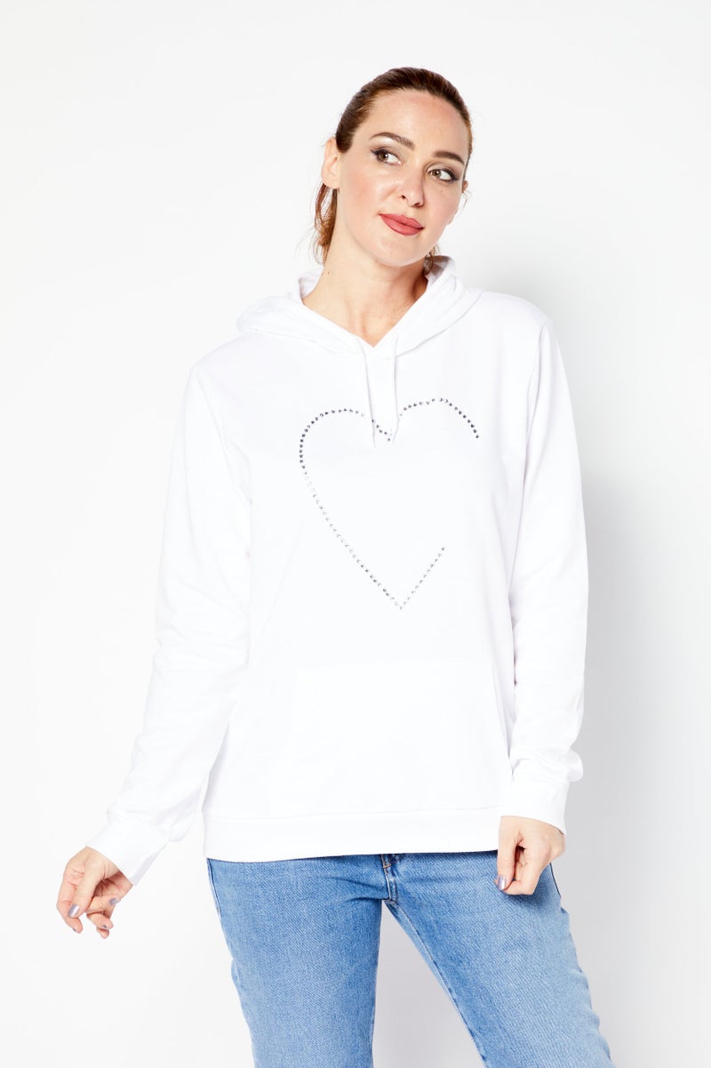 Love Moschino Women Hooded Neck Rhinestone Sweatshirt, White  - Image 1