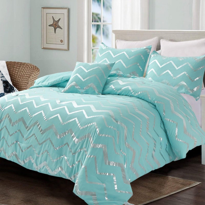 Menghomeus Aqua Comforter Set Queen Size Metallic Teal and Silver Bed Comforter 4 Piece Soft Microfiber Bedding for Teen Girls Women 2 Pillow Shams  1 Decorative Pillow Sham