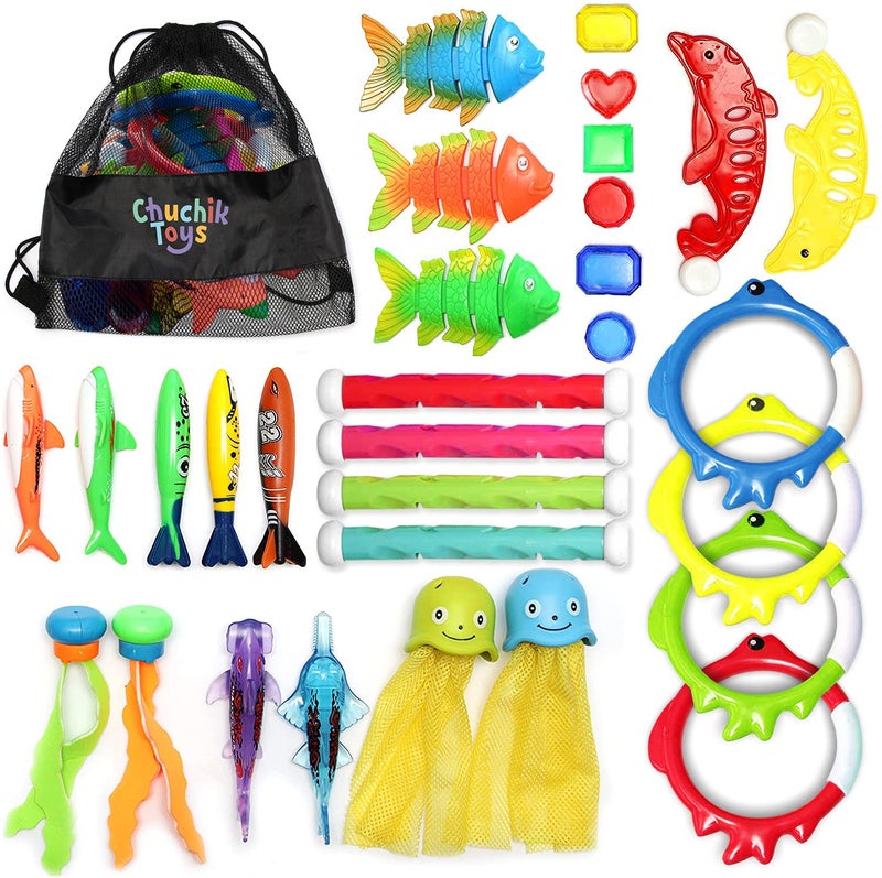 Chuchik 30 Pcs Diving Toys  Swimming Pool Toys for Kids Ages 4-8 8-12 with a Storage Net Bag. Pool Dive Toys for Kids. Pool Games  Swim Summer Water Toys. Include Diving Sticks & Pool Rings - Image 1