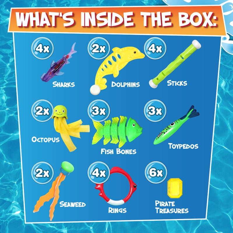 Chuchik 30 Pcs Diving Toys  Swimming Pool Toys for Kids Ages 4-8 8-12 with a Storage Net Bag. Pool Dive Toys for Kids. Pool Games  Swim Summer Water Toys. Include Diving Sticks & Pool Rings - Image 2