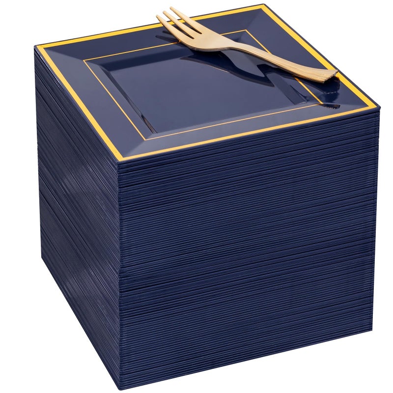 WDF 200PCS Blue Plastic Dessert Plates with Plastic Forks -6â€™â€™ 100 Square Disposable Appetizer Plates Small Cake Plates with Gold&100 Navy Blue Small Appetizer Forks for Wedding Birthday Easter - Image 1