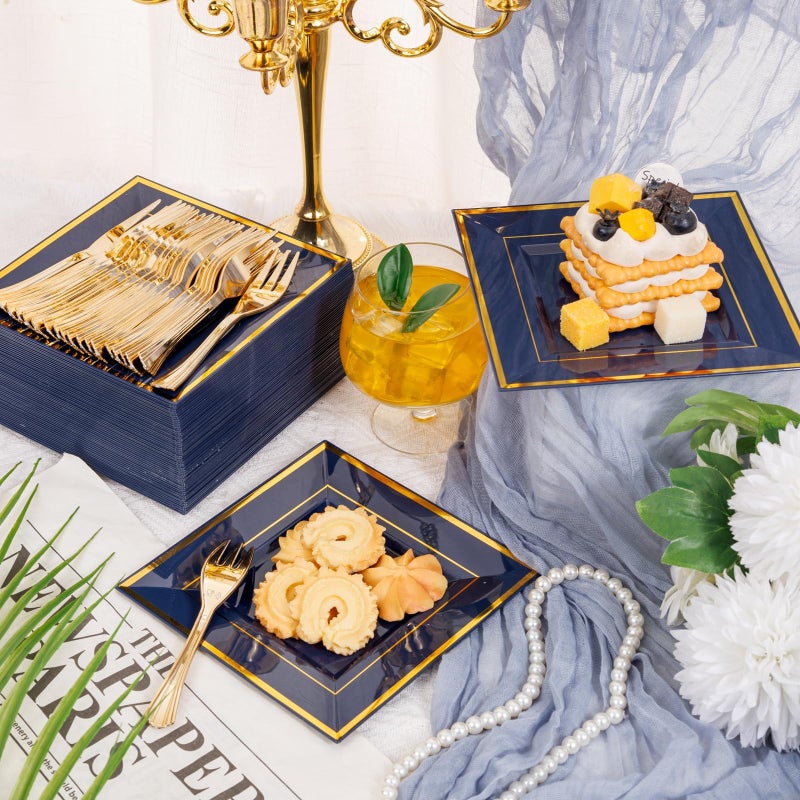 WDF 200PCS Blue Plastic Dessert Plates with Plastic Forks -6â€™â€™ 100 Square Disposable Appetizer Plates Small Cake Plates with Gold&100 Navy Blue Small Appetizer Forks for Wedding Birthday Easter - Image 3