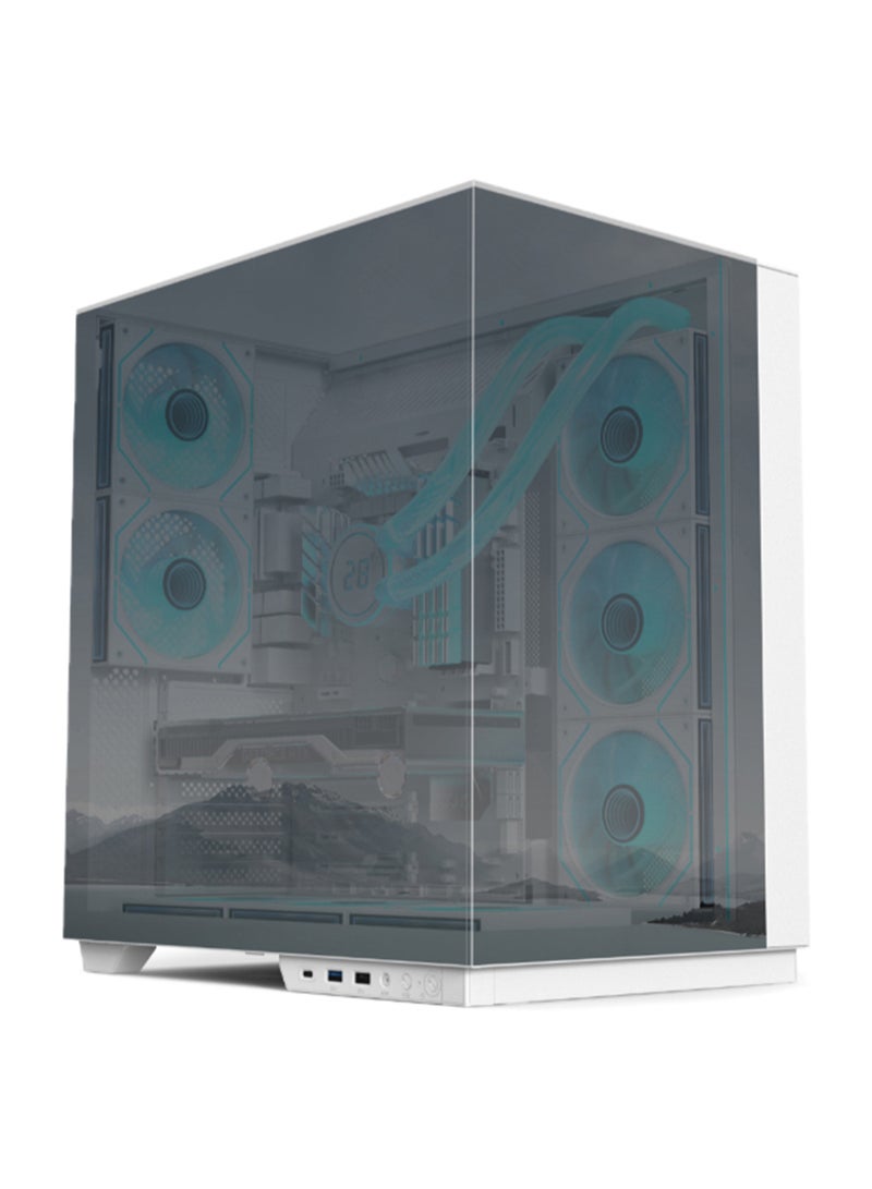 أيسر كيس كمبيوتر V333، كيس كمبيوتر ATX، ألواح زجاج مقسّى علوية وأمامية وجانبية، 8 مراوح RGB مثبتة مسبقًا مع ريموت كنترول، هيكل فولاذ SPCC، 3 منافذ USB، يدعم لوحات ATX / M-ATX / ITX، مع دعم مراوح خلفية وسفلية وجانبية، كيس ألعاب أبيض بمرآة - Image 1