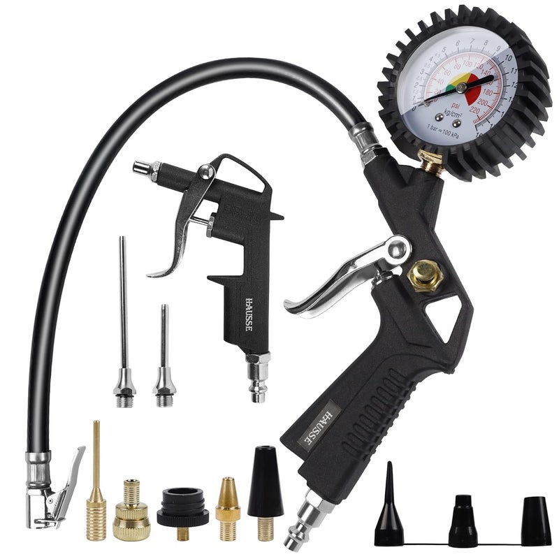 Hausse Heavy Duty Air Compressor Accessory Kit, Air Blow Gun and Air Hose Fittings, 1/4" NPT Air Tool Kit with 100 PSI Tire Inflator Gauge - Image 1