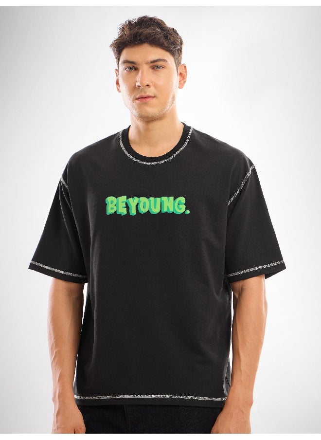 Beyoung Black  Puff Print Oversized T-shirt  - Image 1