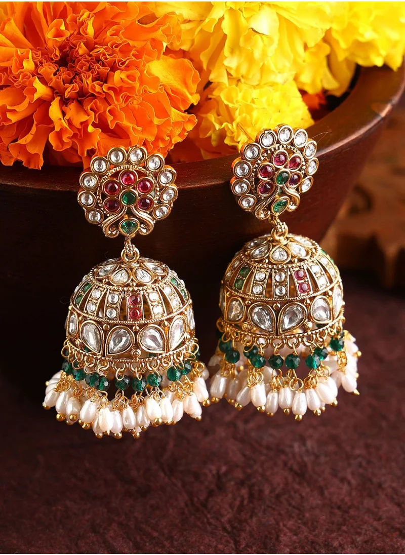 Priyaasi Stone Studded  Pearls Beaded Dome Shaped Jhumkas