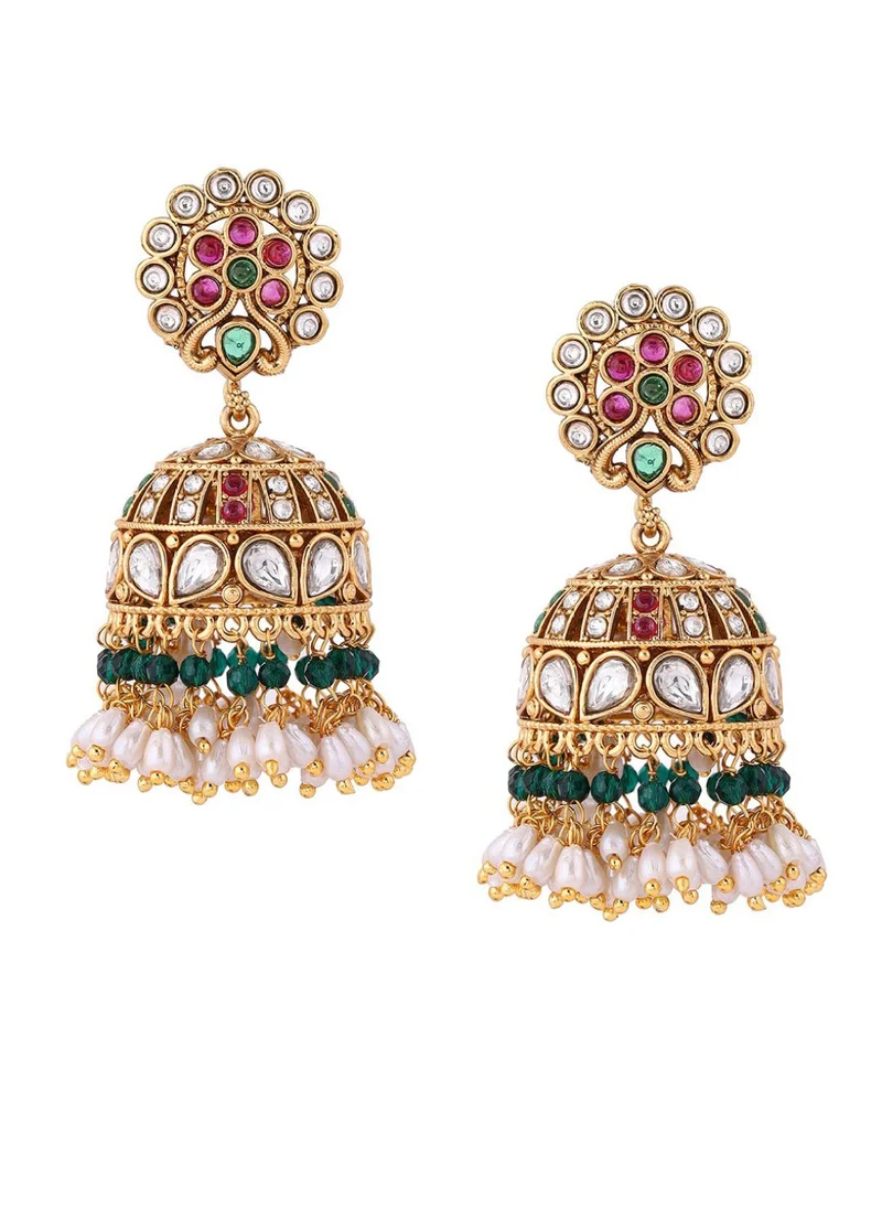 Priyaasi Stone Studded  Pearls Beaded Dome Shaped Jhumkas