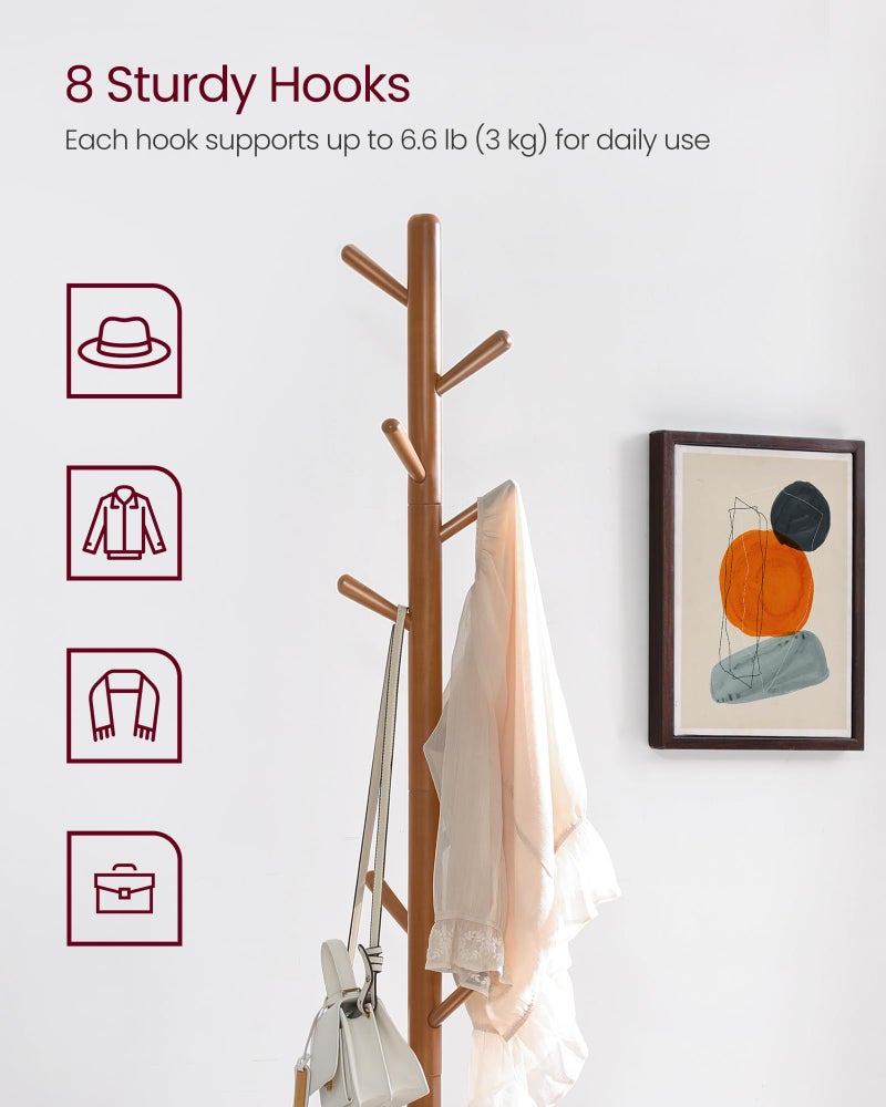 VASAGLE Solid Wood Coat Rack, Free Standing Hall Coat Tree with 8 Hooks, 3 Height Options, for Coats, Hats, Bags, Purses, for Entryway, Hallway, Rubberwood Hooks and Pole, Dark Walnut URCR010W01 - Image 3