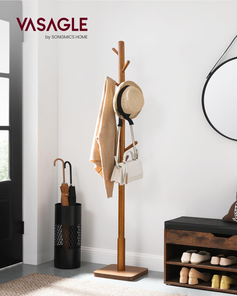 VASAGLE Solid Wood Coat Rack, Free Standing Hall Coat Tree with 8 Hooks, 3 Height Options, for Coats, Hats, Bags, Purses, for Entryway, Hallway, Rubberwood Hooks and Pole, Dark Walnut URCR010W01 - Image 2