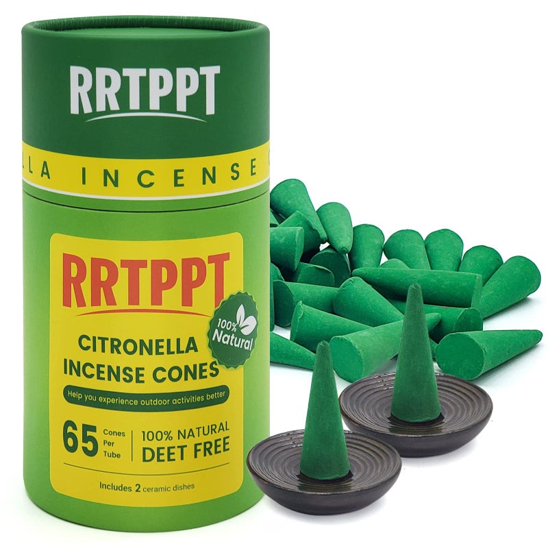 RRTPPT Citronella Incense Cones with 2 Ceramic Dishes Made with PlantBased Ingredients Citronella Oil Lemongrass Oil Rosemary Oil Suitable for Indoor and Outdoor Use 65 Cones