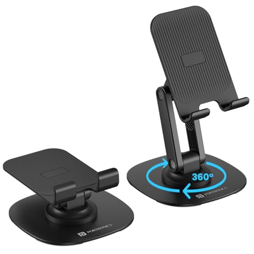 Portronics Mobot III 360° Rotatable & Foldable Mobile Phone Holder With Stable Metallic base,Adjustable Height, Anti Skid Pad,Tabletop Mobile Phone Stand for all Smartphones,tablets,Kindle,ipad(Black) - Image 1