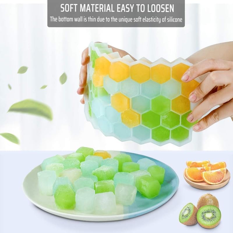 PROBUY Flexible Silicone Honeycomb 37 Cavity Ice Cube Tray with Lid Trays for Freezer Moulds Small Cubes Whiskey Fridge Bar Soft Ice Cube Tray (Pack of 1)(Multicolor) - Image 3