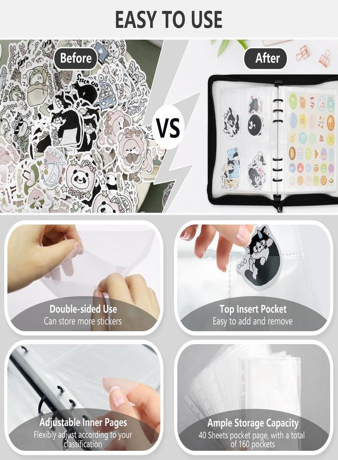 Ruatu Sticker Storage Organizer Binder A5 Sticker Book Collecting Album Reusable Sticker Collection Book with Pocket Zipper Sticker Holder Keeper Book for Adult Collecting Sticker (black) - Image 4