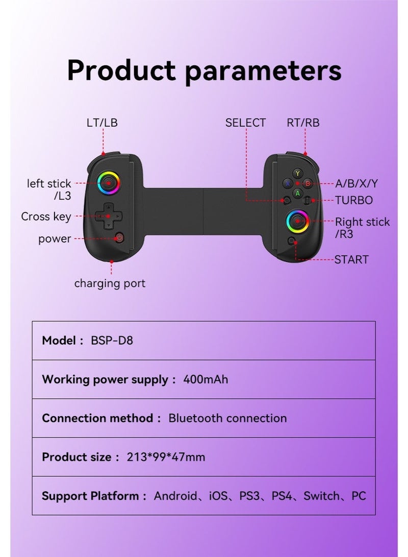 general Classic Stretching Gamepad D8 Mobile Gaming Controller Stretching 129-252mm for iOS/Android/iPad/PC/Nintendo Switch/PS3/PS4 Play Xbox Cloud Games/PS Remote Play/COD/Genshin Impact & More with Hall Effect Joystick/Trigger, 6 Axis Gyro, Dual Motor, RGB Lighting, One-Key Burst Function - Image 5