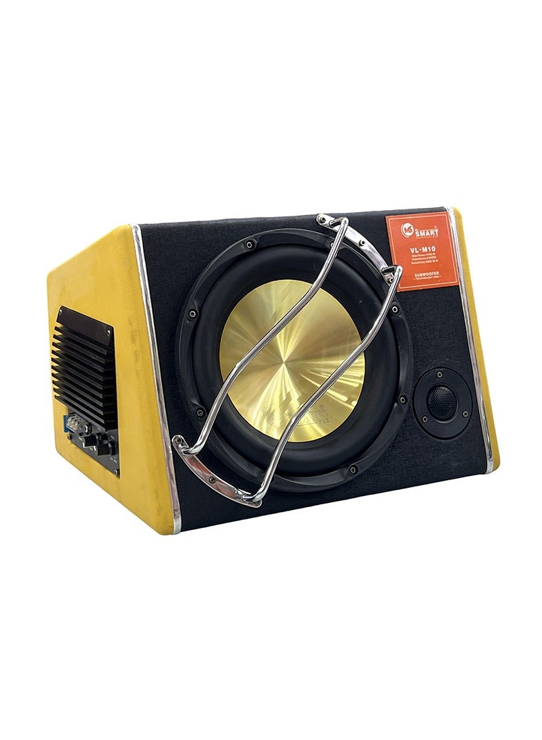 Mr.Smart VL-M10 Car Subwoofer 4700 Watts with Gold Cone, 10-inch, Yellow and Black Enclosure, Built-in Amplifier