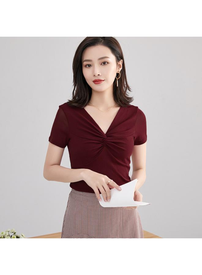 Mesh Short-sleeved Loose T-shirt Women's Trendy Spring New Korean Style Women's Fashion V-neck Base Shirt Top 