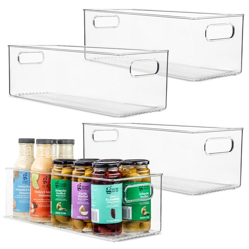 Plastic Food Storage 4 Pack Clear Container Bin with Handles for Organizing Kitchen Pantry Refrigerator Freezer Pantry Cabinet Closet Bathroom 16x6x5