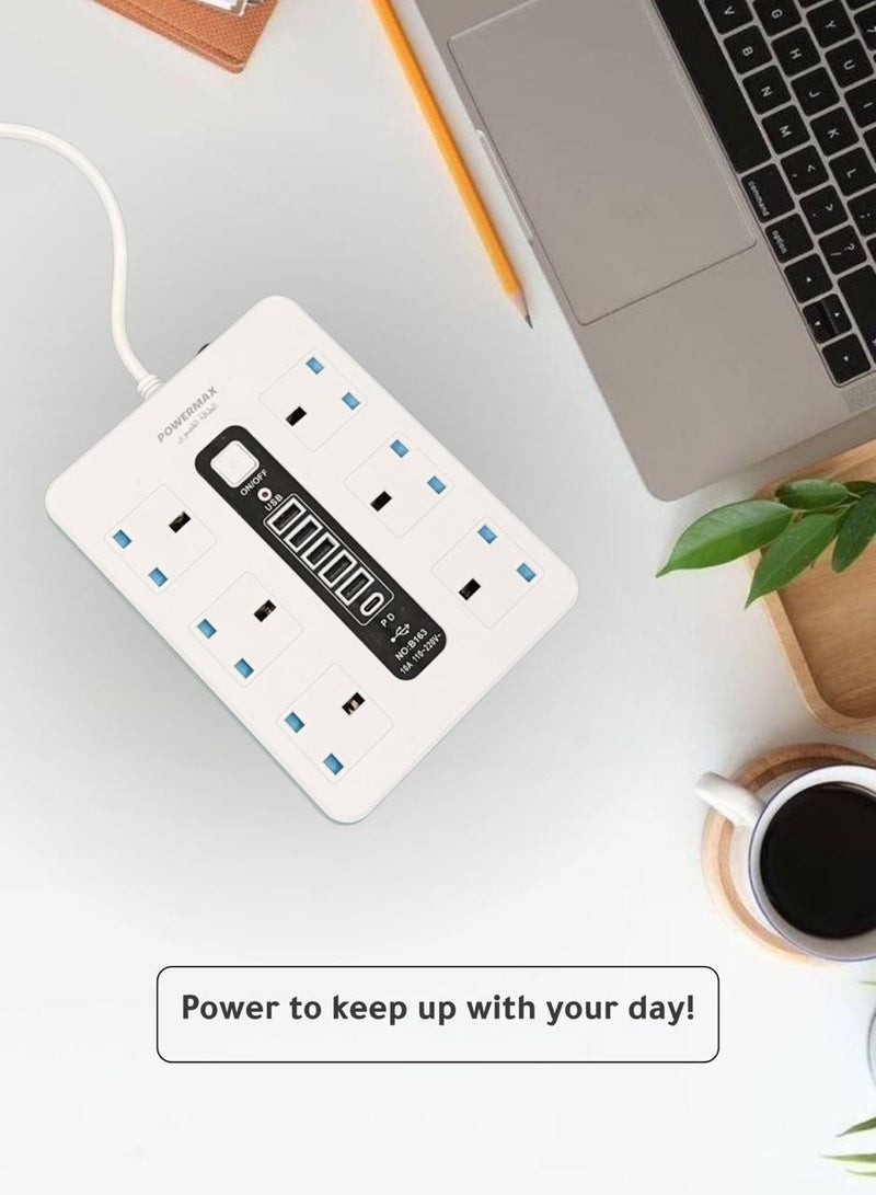 Powermax 12-in-1 Power Strip Extension Cable – Equipped with 6 AC outlets, 5 USB ports, and 1 PD Type-C port. The 5-meter heavy-duty extension cable supports up to 2300W (110V–220V), providing a durable, secure, and versatile solution for powering and charging your electronics. - Image 2