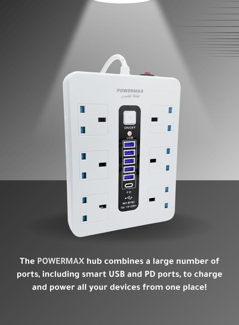 Powermax 12-in-1 Power Strip Extension Cable – Equipped with 6 AC outlets, 5 USB ports, and 1 PD Type-C port. The 5-meter heavy-duty extension cable supports up to 2300W (110V–220V), providing a durable, secure, and versatile solution for powering and charging your electronics. - Image 3