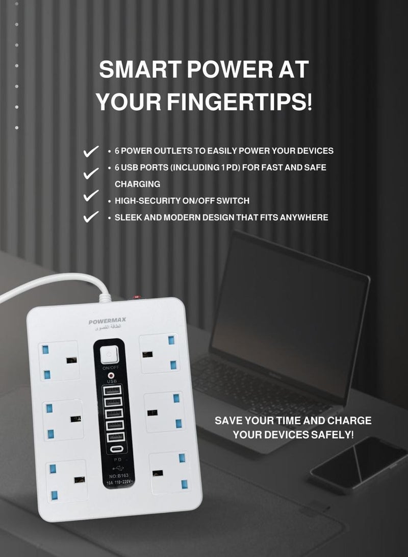 Powermax 12-in-1 Power Strip Extension Cable – Equipped with 6 AC outlets, 5 USB ports, and 1 PD Type-C port. The 5-meter heavy-duty extension cable supports up to 2300W (110V–220V), providing a durable, secure, and versatile solution for powering and charging your electronics. - Image 4