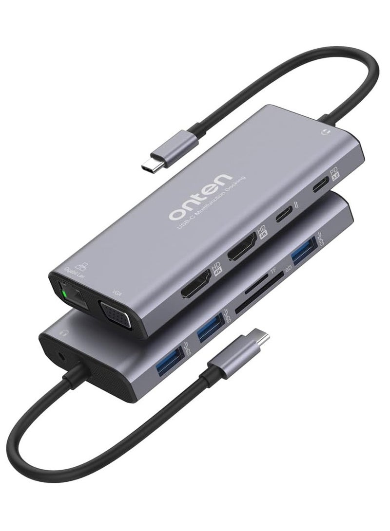 أونتن قاعدة توصيل 12 في 1 مع منفذ USB النوع C من اون تن otn-uc601 ، محول HDMI مزدوج بدقة 4 كيه، موزع USB النوع C بشاشة مزدوجة لويندوز، منفذ HDMI 4k * 2، 100W قاعدة شحن 100 وات مع بطاقة SD/TF، USB3.0، USB C، ايثرنت - Image 1
