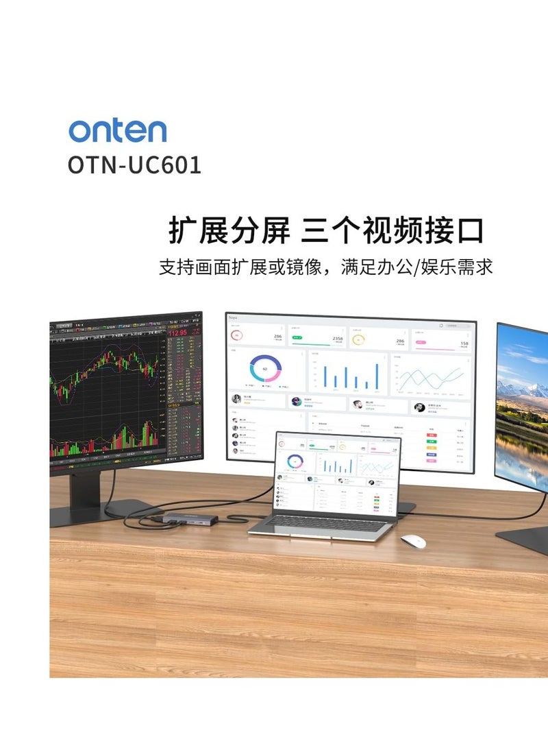 أونتن قاعدة توصيل 12 في 1 مع منفذ USB النوع C من اون تن otn-uc601 ، محول HDMI مزدوج بدقة 4 كيه، موزع USB النوع C بشاشة مزدوجة لويندوز، منفذ HDMI 4k * 2، 100W قاعدة شحن 100 وات مع بطاقة SD/TF، USB3.0، USB C، ايثرنت - Image 3