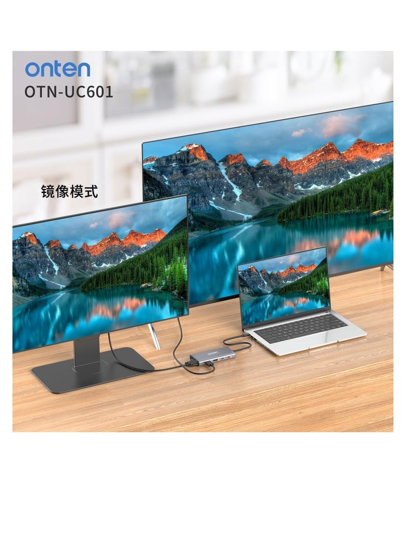 أونتن قاعدة توصيل 12 في 1 مع منفذ USB النوع C من اون تن otn-uc601 ، محول HDMI مزدوج بدقة 4 كيه، موزع USB النوع C بشاشة مزدوجة لويندوز، منفذ HDMI 4k * 2، 100W قاعدة شحن 100 وات مع بطاقة SD/TF، USB3.0، USB C، ايثرنت - Image 4