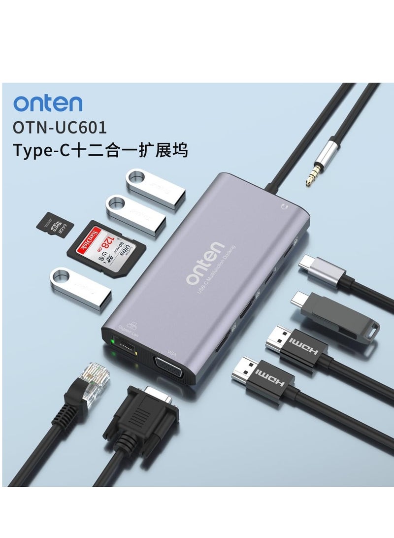 أونتن قاعدة توصيل 12 في 1 مع منفذ USB النوع C من اون تن otn-uc601 ، محول HDMI مزدوج بدقة 4 كيه، موزع USB النوع C بشاشة مزدوجة لويندوز، منفذ HDMI 4k * 2، 100W قاعدة شحن 100 وات مع بطاقة SD/TF، USB3.0، USB C، ايثرنت - Image 2