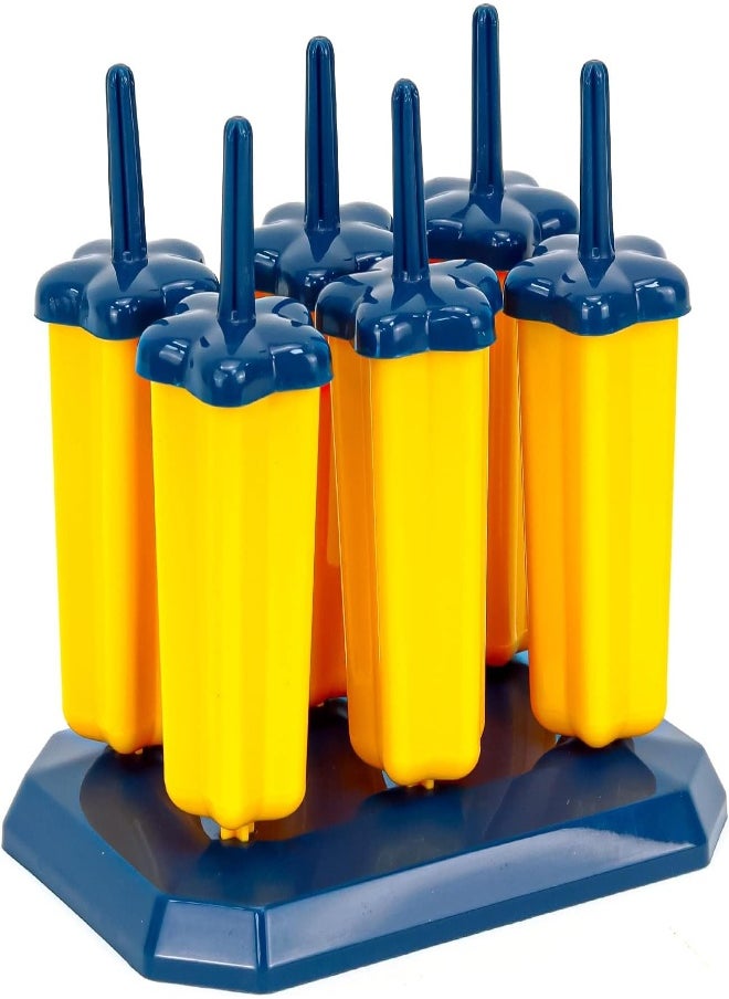 AKDC - Set Of 6 Popsicle Molds Ice Pop Makers Bar Mold, Kids Ice Creams Tray Holder Lolly Pops Bpa Free Reusable Easy Release (Yellow And Blue) - Image 1