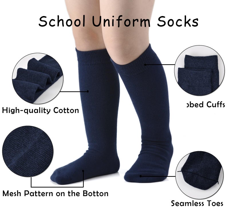 EPEIUS Girls Knee High Seamless Cotton School Uniform Socks Kids Boy Long Socks 8-11 Years Navy Blue 3 Pack - Image 3