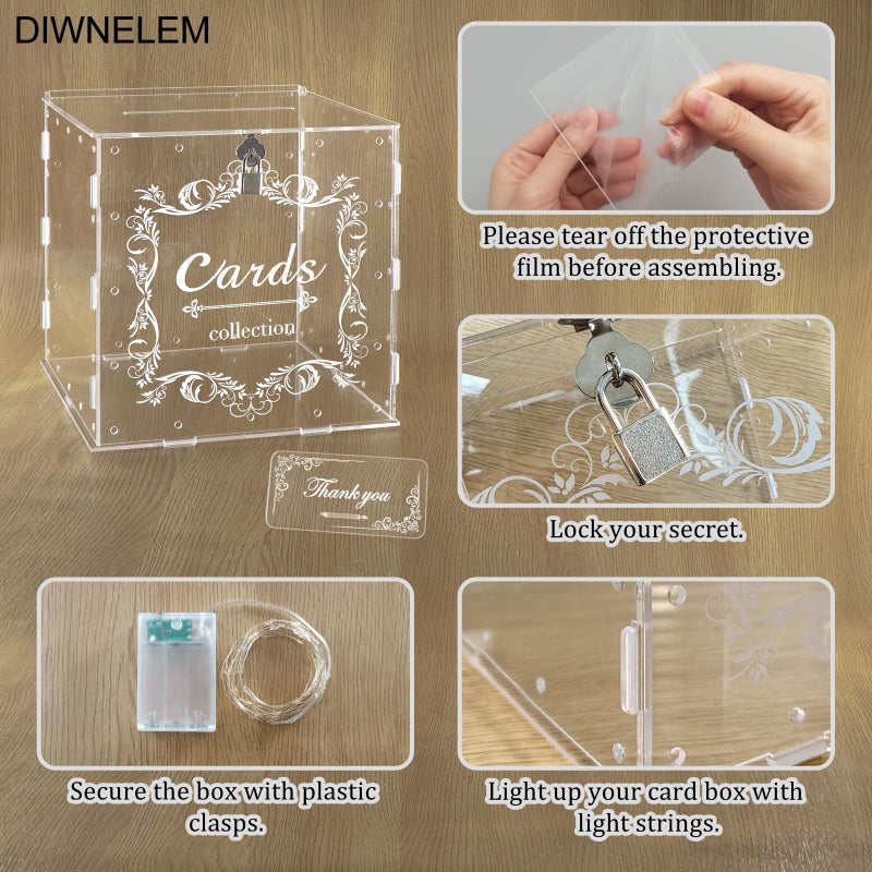 DIWNELEM Acrylic Wedding Card Box with Lock Clear Large Letter Envelope Box Acrylic Wedding Gift Card Box Money Box for Reception Baby Shower Birthday Party Graduation Decorations - Image 3