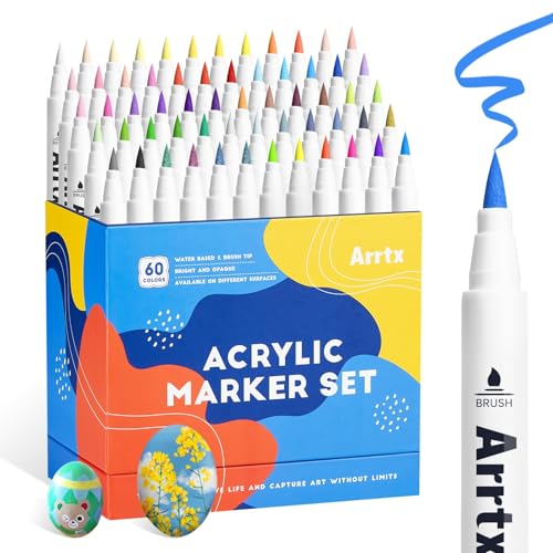 Arrtx 60 Colors Acrylic Paint Pens, Markers Paint Pens, Brush Tip for Rock Painting, Wood, Canvas, Stone, Ceramic, DIY Crafts Making Art Supplies-with Neon & Metallic & Regular Color-60A - Image 1
