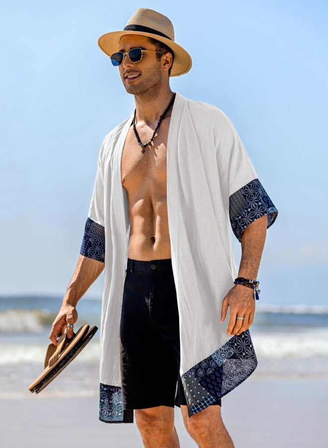 COOFANDY Men's Ruffle Shawl Collar Cotton Cardigan Long Kimono Jackets Open Front Drape Cape Coat, White, M - Image 4