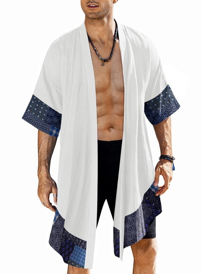 COOFANDY Men's Ruffle Shawl Collar Cotton Cardigan Long Kimono Jackets Open Front Drape Cape Coat, White, M - Image 1