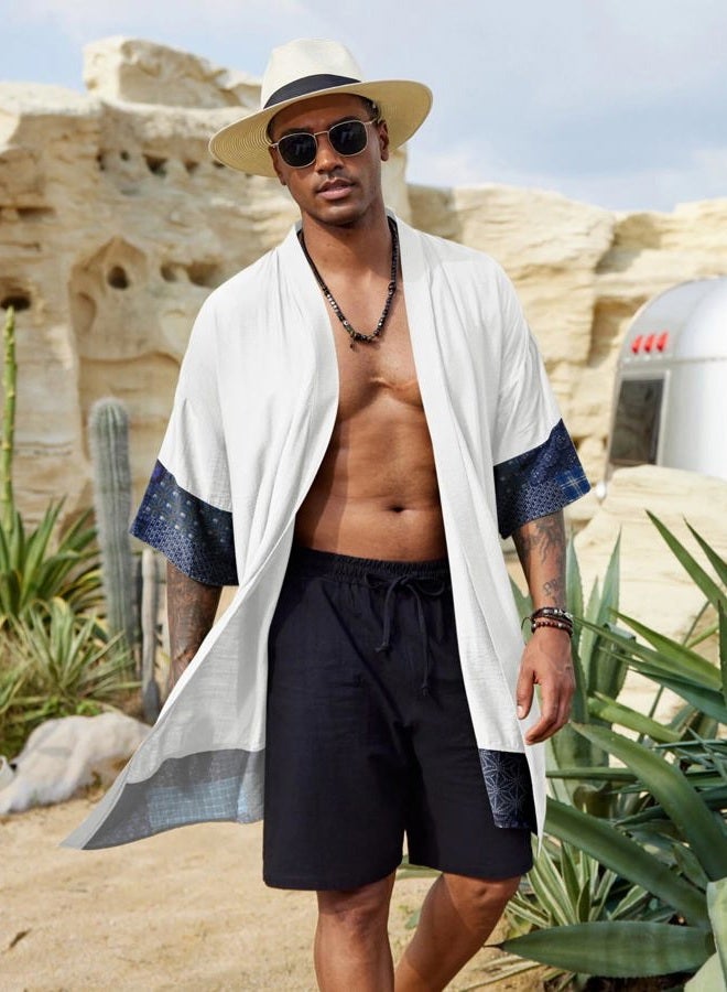 COOFANDY Men's Ruffle Shawl Collar Cotton Cardigan Long Kimono Jackets Open Front Drape Cape Coat, White, M - Image 2