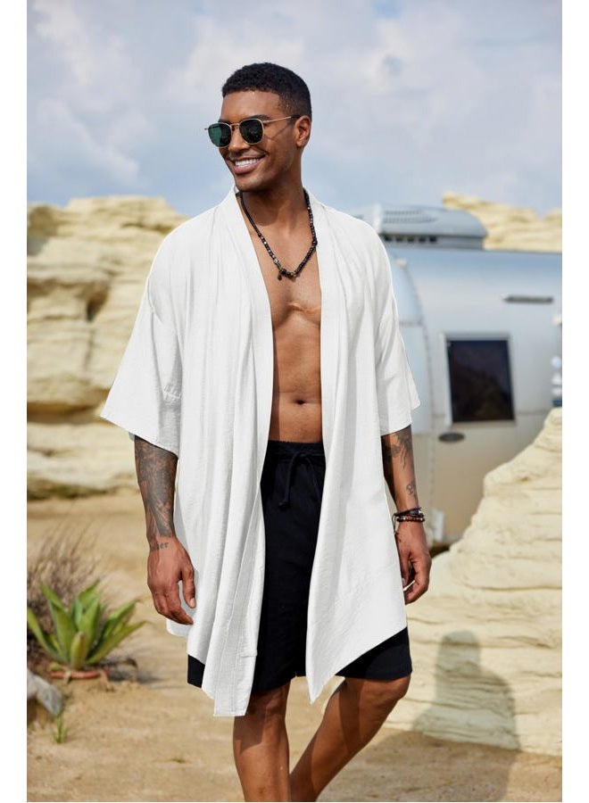 COOFANDY Men's Ruffle Shawl Collar Cotton Cardigan Long Kimono Jackets Open Front Drape Cape Coat, White, M - Image 3