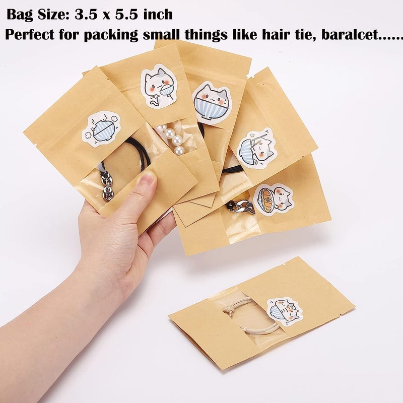 Tecbeauty 100pcs 3.5 x 5.5 inch Kraft Paper Treat Bags with Window Ziplock Stand Up Pouches for Food Storage Cookies Snacks Tea Packing - Image 2