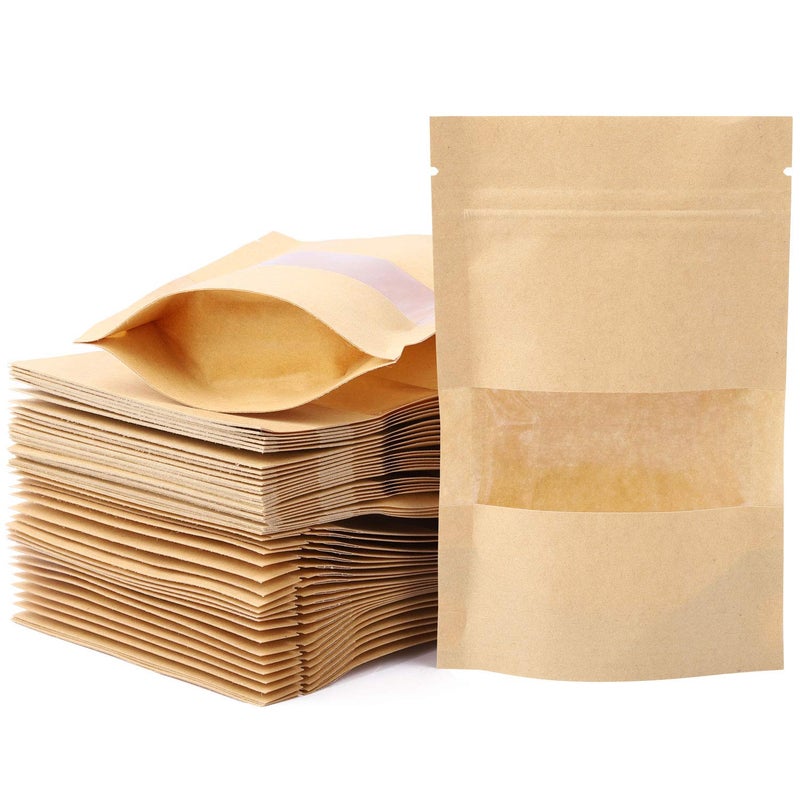 Tecbeauty 100pcs 3.5 x 5.5 inch Kraft Paper Treat Bags with Window Ziplock Stand Up Pouches for Food Storage Cookies Snacks Tea Packing - Image 1