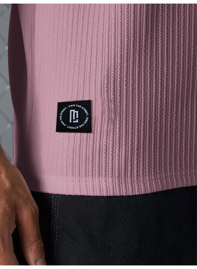 Maniac Mens Solid Round Neck 3/4th Sleeve Pink Seersucker CottonBlend Oversized T-Shirt  - Image 3