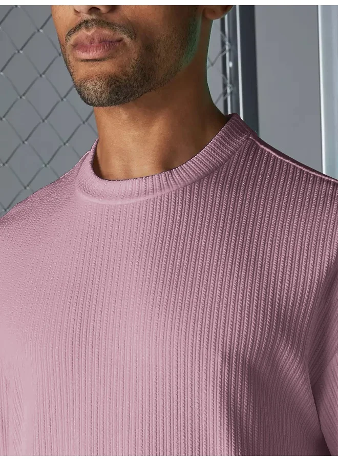 Maniac Mens Solid Round Neck 3/4th Sleeve Pink Seersucker CottonBlend Oversized T-Shirt