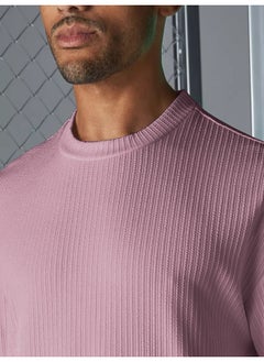 Maniac Mens Solid Round Neck 3/4th Sleeve Pink Seersucker CottonBlend Oversized T-Shirt  - Image 4