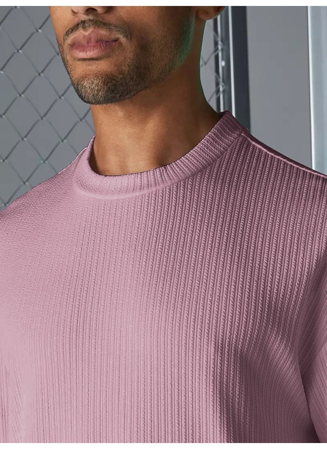 Maniac Mens Solid Round Neck 3/4th Sleeve Pink Seersucker CottonBlend Oversized T-Shirt  - Image 4