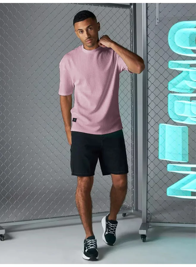 Maniac Mens Solid Round Neck 3/4th Sleeve Pink Seersucker CottonBlend Oversized T-Shirt